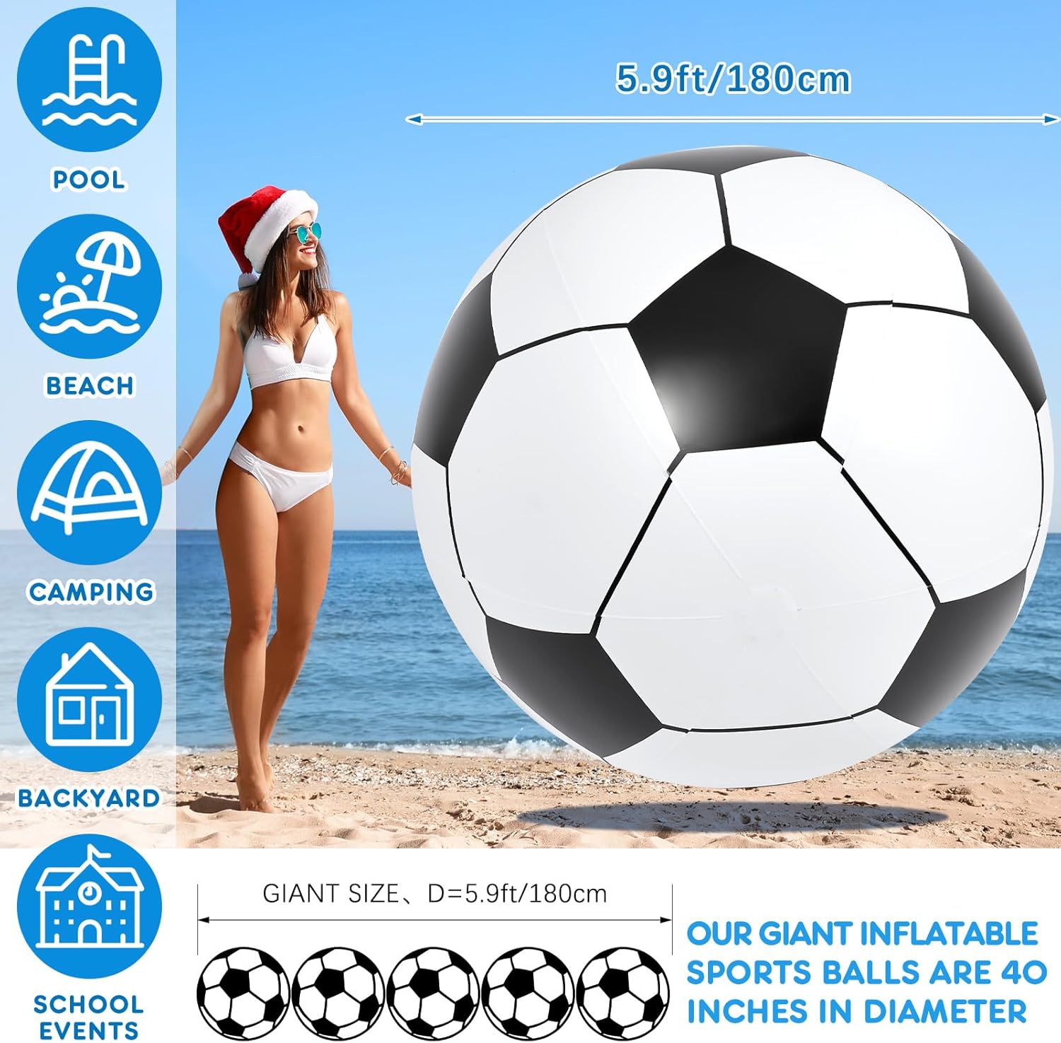 Lewtemi Big Inflatable Giant Soccer Ball Large Inflatable Beach Sport Ball Pool Party Decoration Toys Oversized Jumbo Beach Toy for Pool Water Sports Games