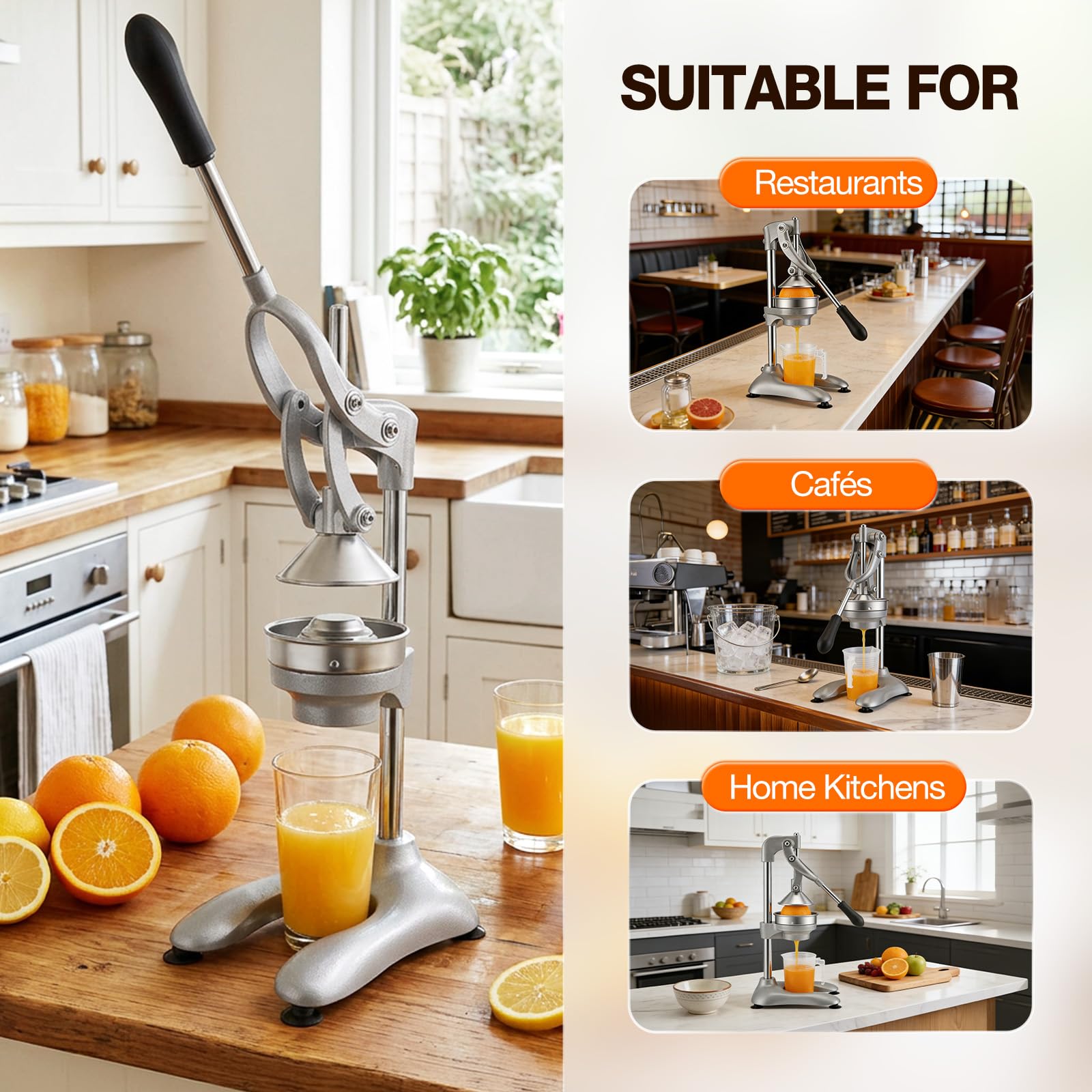 Saftpresse Manuell Profi, Zitruspresse mit Hebel für Orangen Zitronen Grapefruit, Gastro Qualität Aluminium Edelstahl, kraftsparende Fruchtpresse ohne Strom inklusive 500ml Messbecher