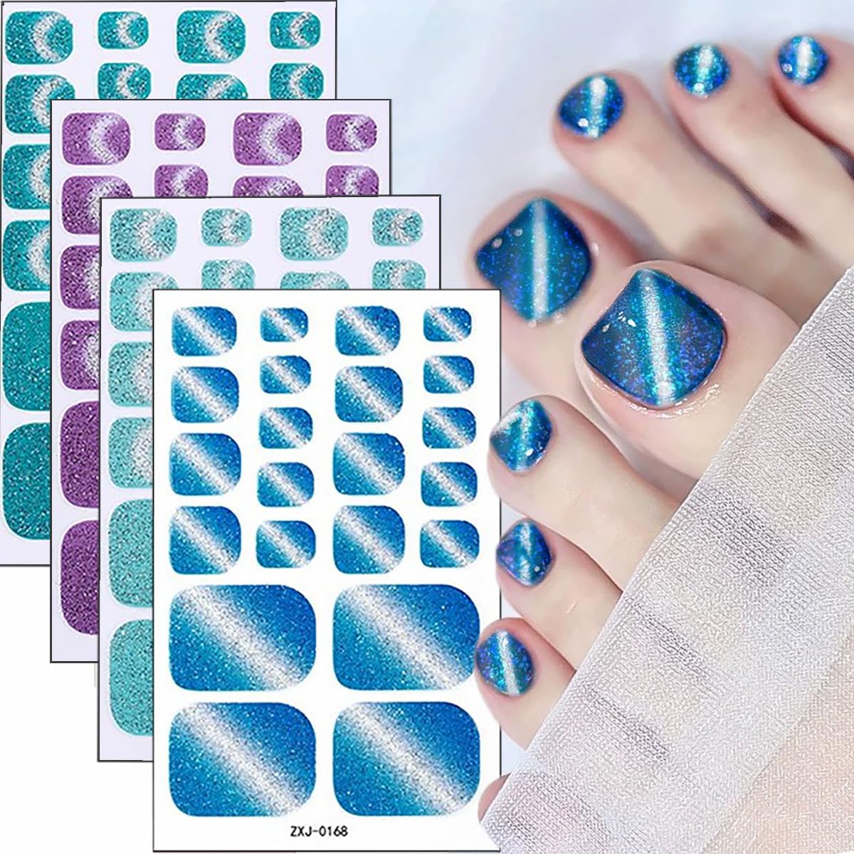 6PCS Full Toe Nail Wraps Summer Colorful Gradient Polish Toenail Stickers Glitter Toenails Strips Gel Nail Stickers Purple Blue French Design Self-Adhesive Nail Decals for Women Nail Art Decoration