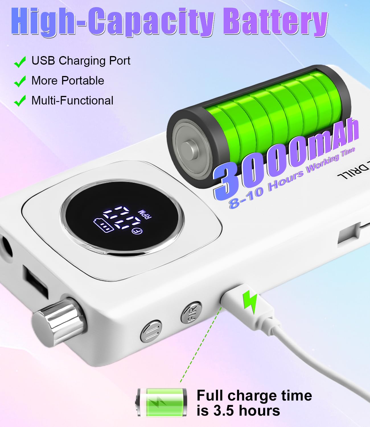 Ponceuse Pour Ongles Professionnelle, 45000RPM Lime A Ongle Electrique, Ponceuse Ongles Portable avec Écran LCD, Ensemble d’accessoires Kit avec Manucure Pédicure, pour Salon, Usage Maison