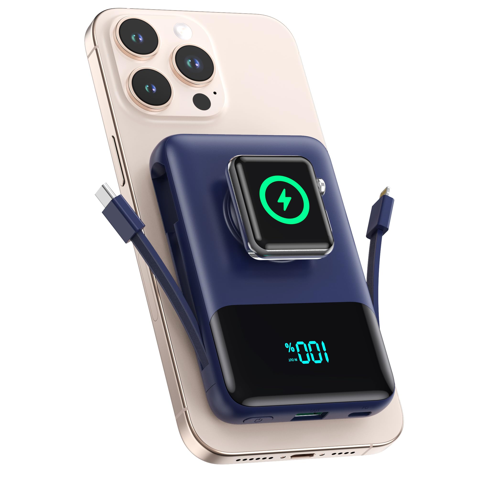 10800mAh Magnetic Wireless Power Bank with Built-in Cable (6-in-1, 25W PD)