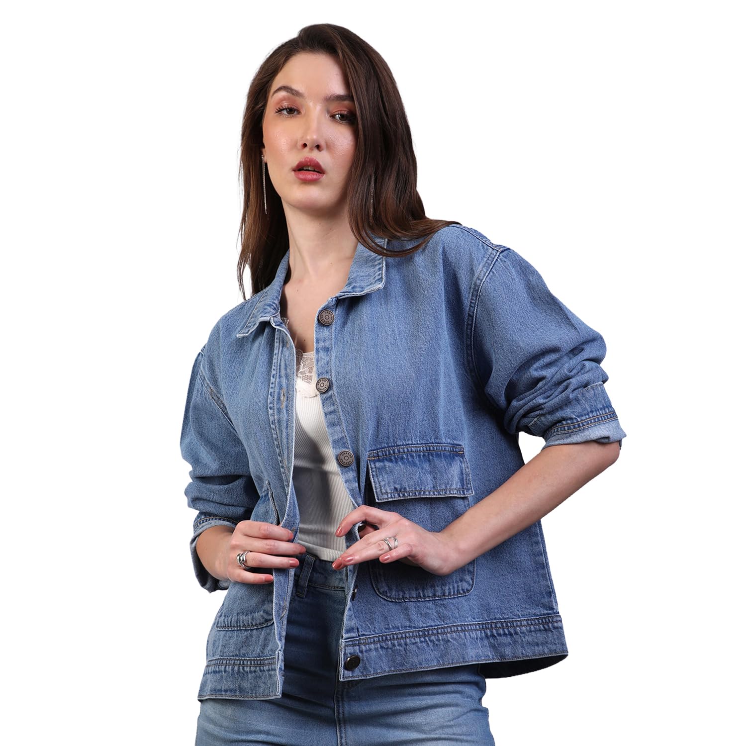 Women's Relaxed Fit Full Sleeve Utility Denim Jacket