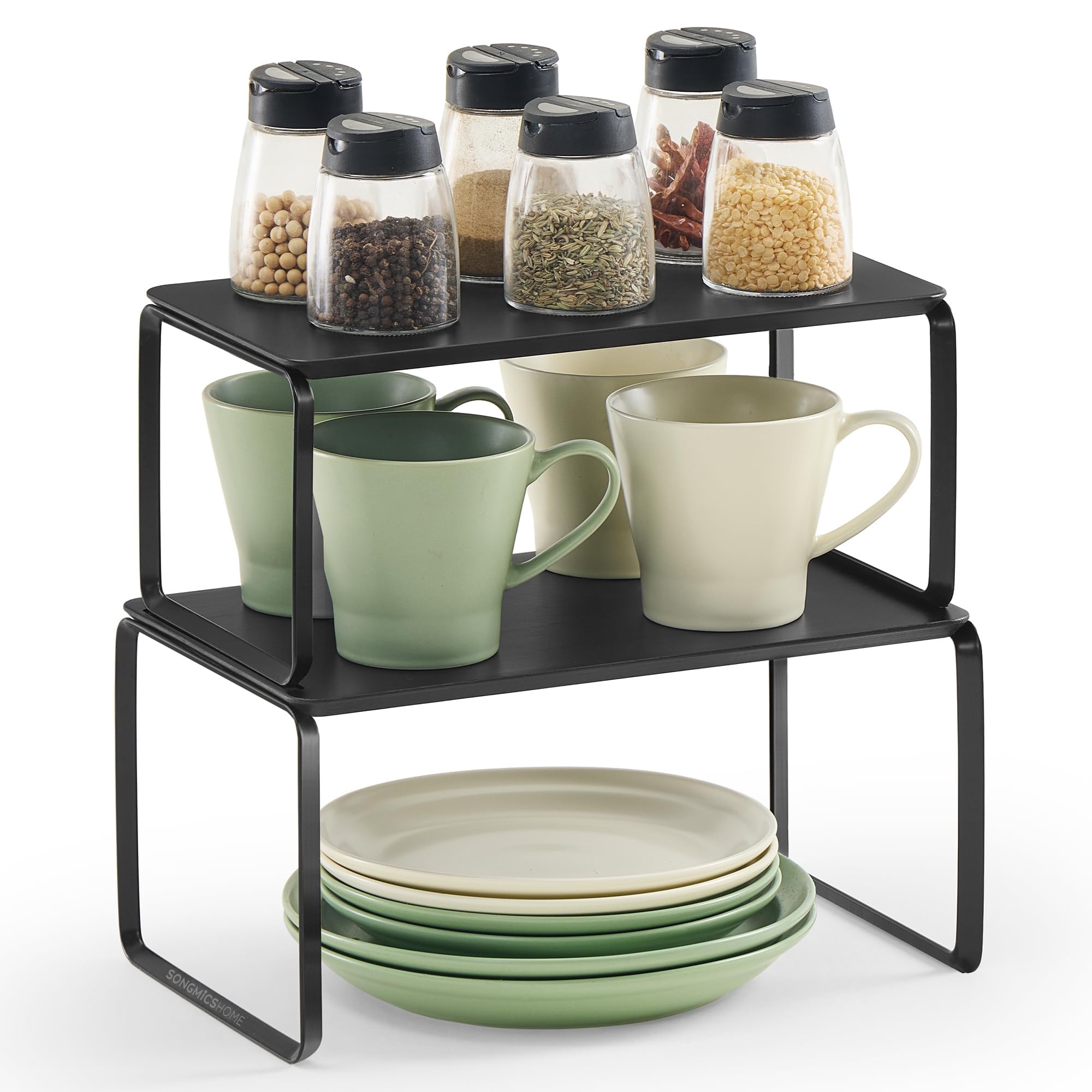 SONGMICS HOME Bamboo Cabinet Organizer Shelf, Nice-Looking Set of 2 Kitchen Counter Shelves, Kitchen Storage, Spice Rack, Stackable, Expandable, Ink Black UKCS050B01V1