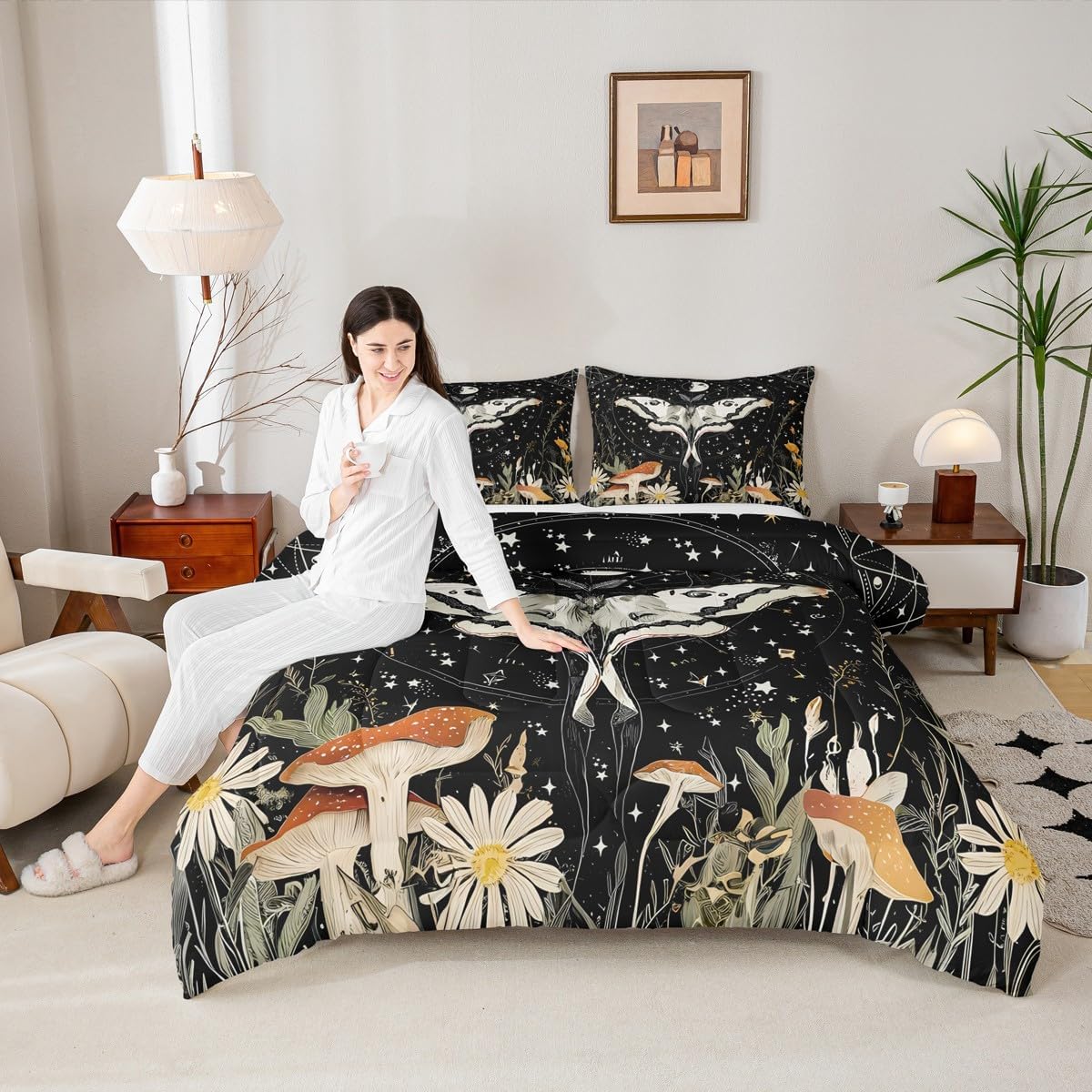Feelyou Death Moth Comforter Set Queen Size Kids Cute Mushroom Duvet Quilt for Boys Girls Teens Cartoon Mushrooms Fungus Boho Moth Galaxy Botanic Floral Bedding Set Soft Lightweight Room Decor 3Pcs