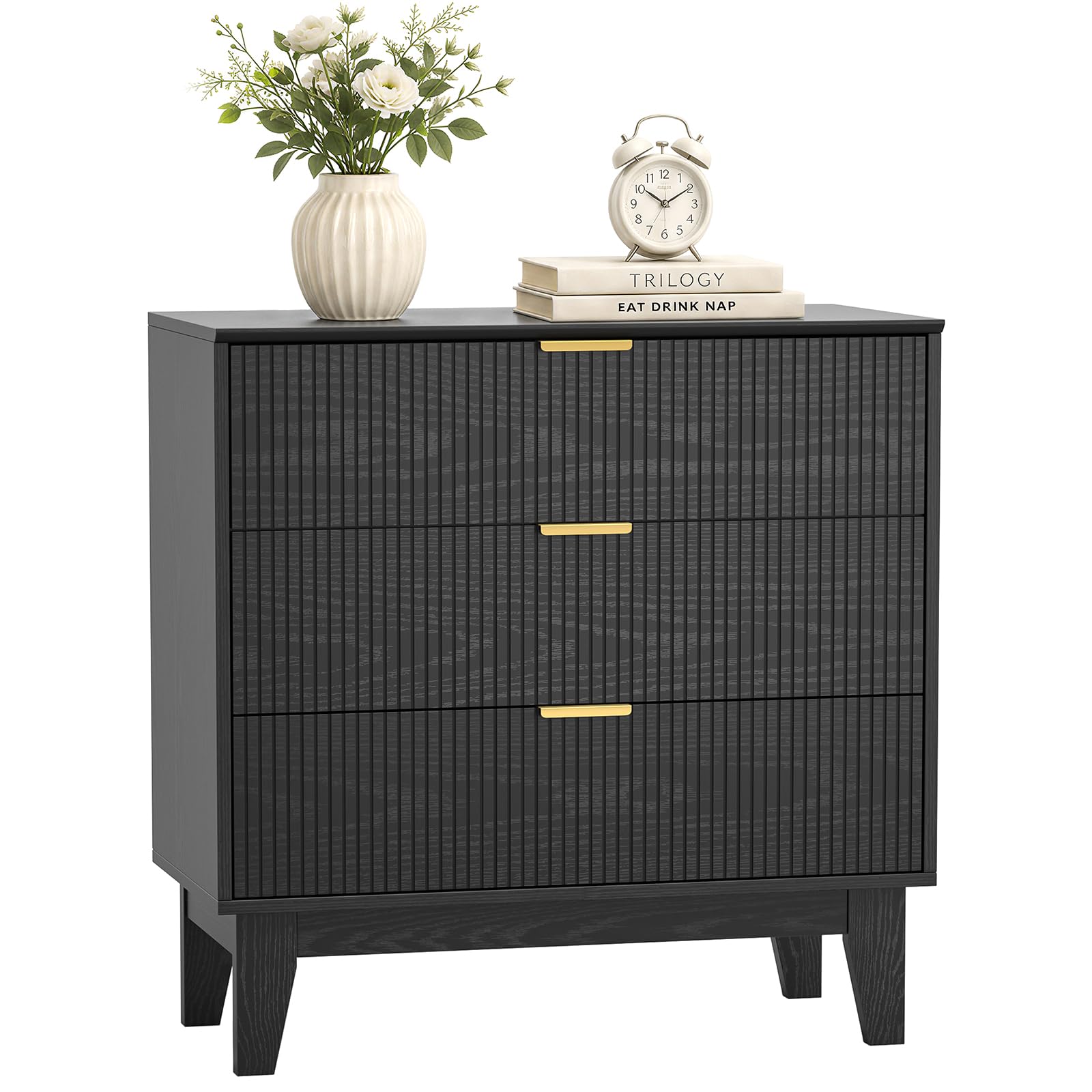 Yvsevnr Chest of Drawers 3 Drawer Bedroom Dresser Wooden Fluted Closet Dressers Anti-Tipping Storage Cabinet Unit Clothes Storage Organizer for Living Room, Hallway, Nursery, Bedroom, Black — image 1