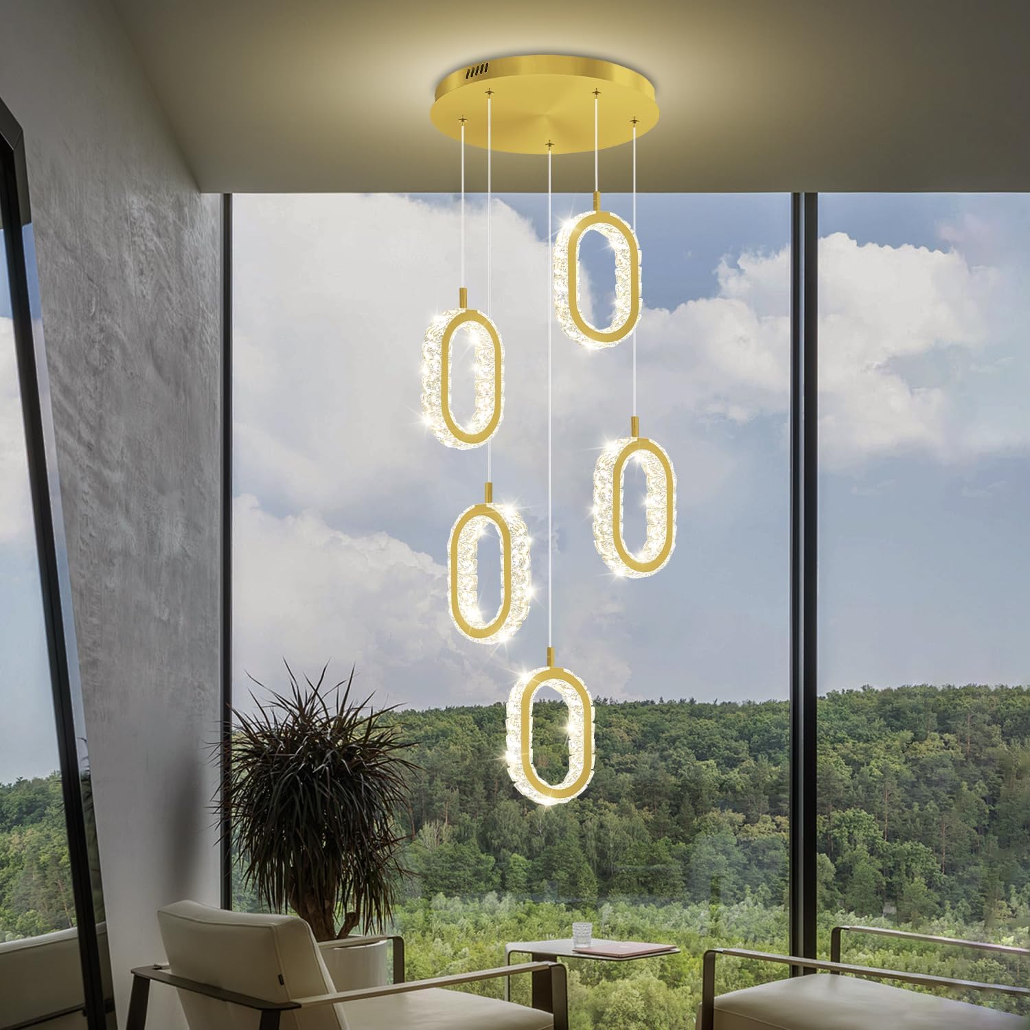 Dimmable 5-Light Oval Ring Chandelier for Dining Room, Gold Ring Pendant Light for Kitchen Island,Hallway, Entryway, Passway, Bedroom, Balcony Living Room