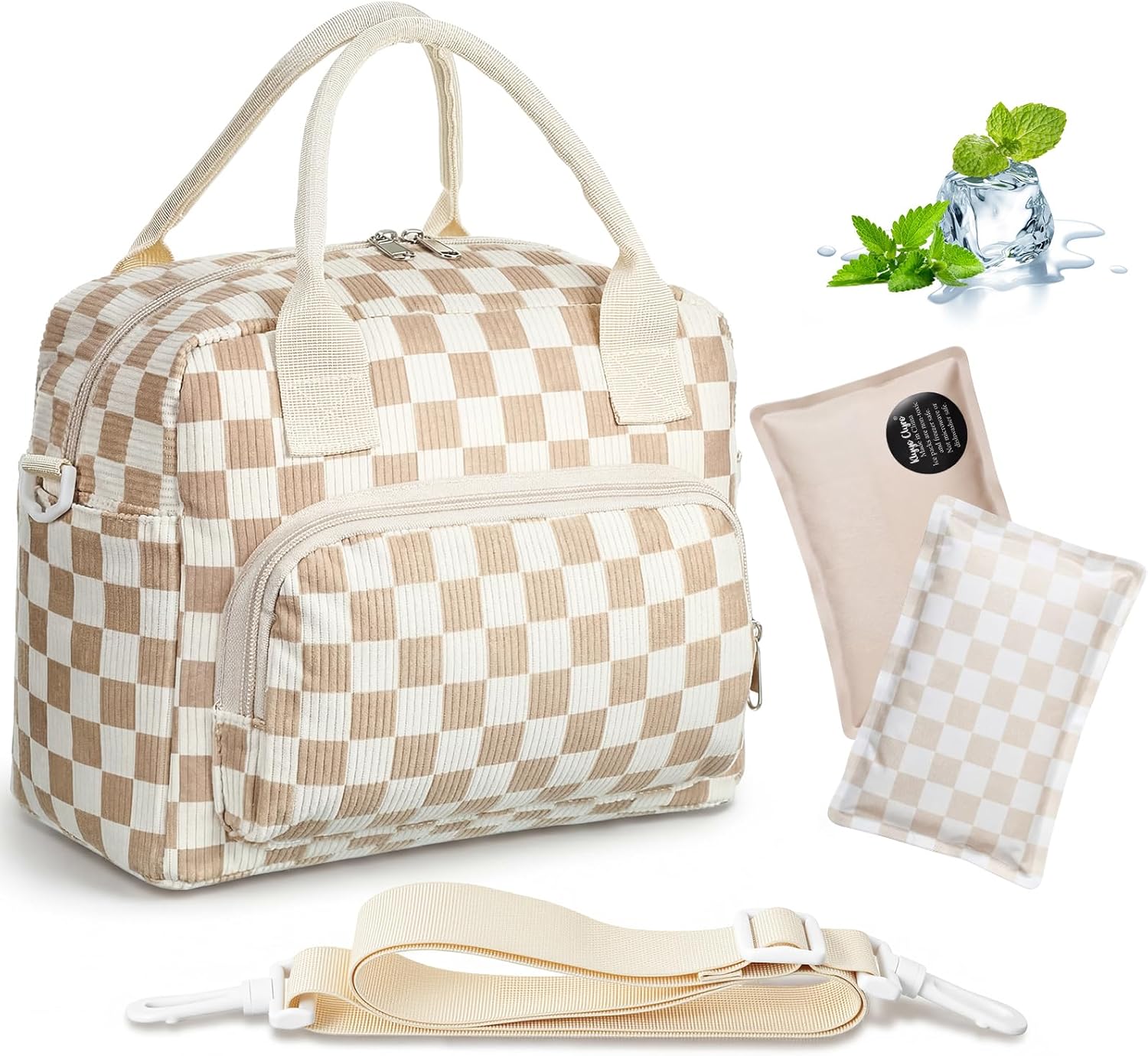 Lunch Bag for Women Insulated Lunch Box with 2 Pcs Long-lasting Ice Packs Cute Corduroy Lunchbox Reusable Large Cooler Tote Bags for Work Picnic Camping Office(Beige Brown Plaid)