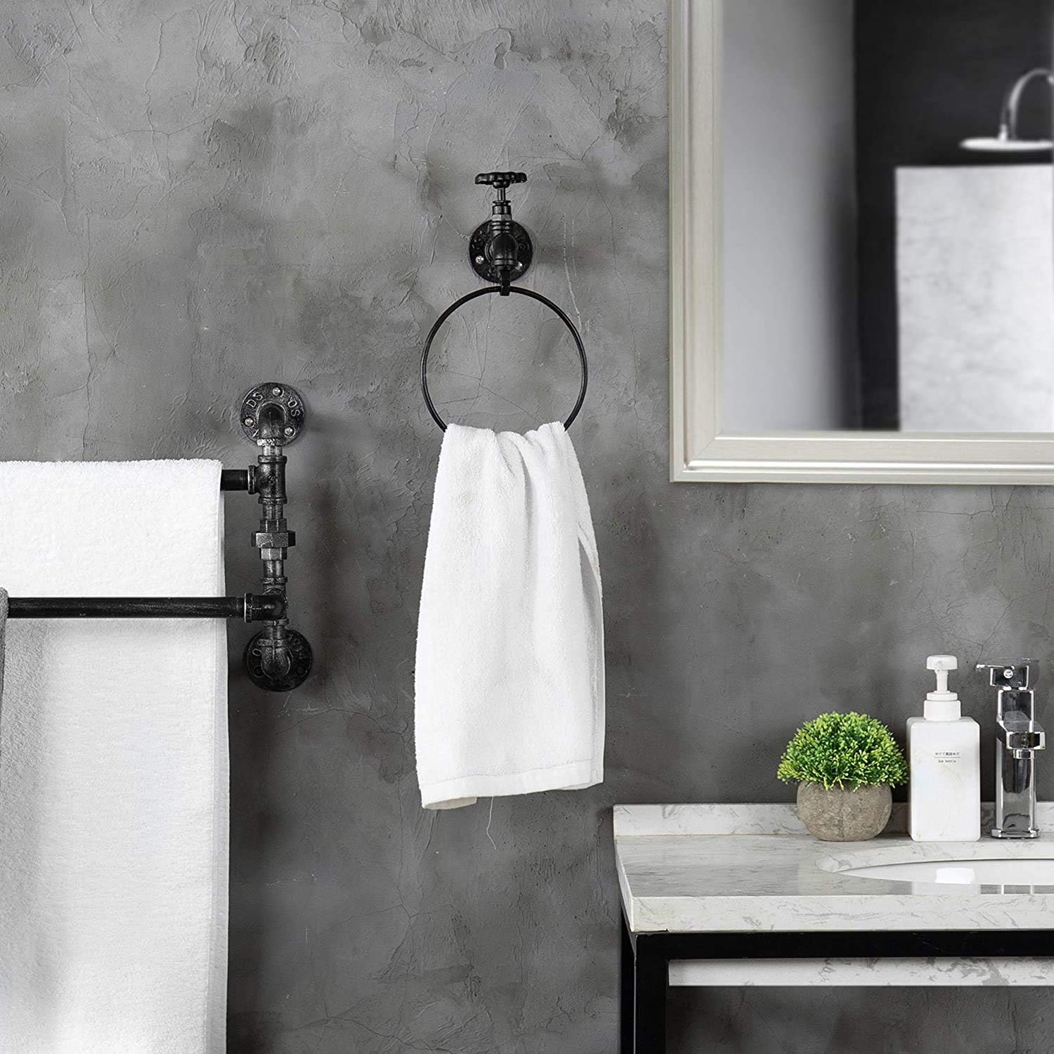 MyGift Hand Towel Holder Ring, Bath Towel Hanging Rack Wall Mounted, Industrial Bathroom Accessories, Farmhouse Decor, Faucet Pipe Metal Black