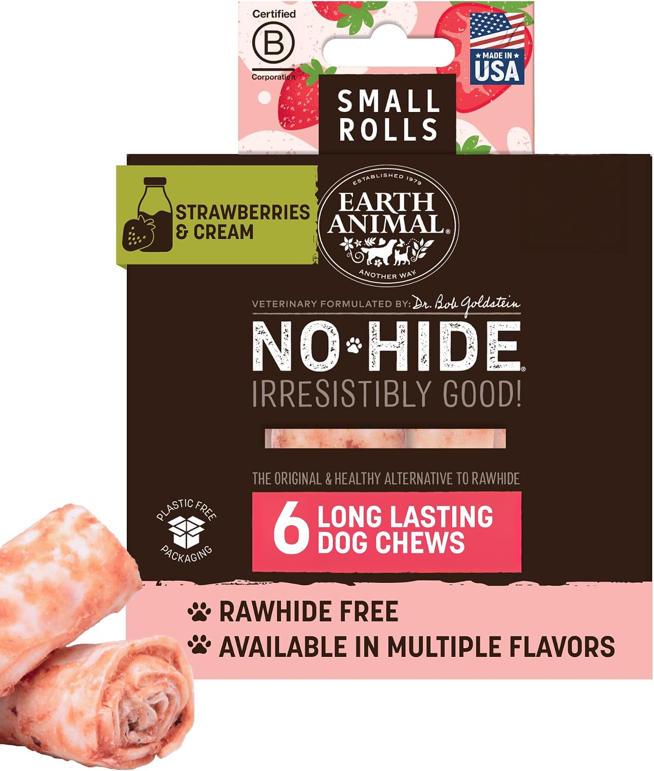 Earth Animal No-Hide Rolls Strawberries & Cream Vegetarian Recipe Small Natural Rawhide Alternative Dog Chews, 6 Pack Value Pack