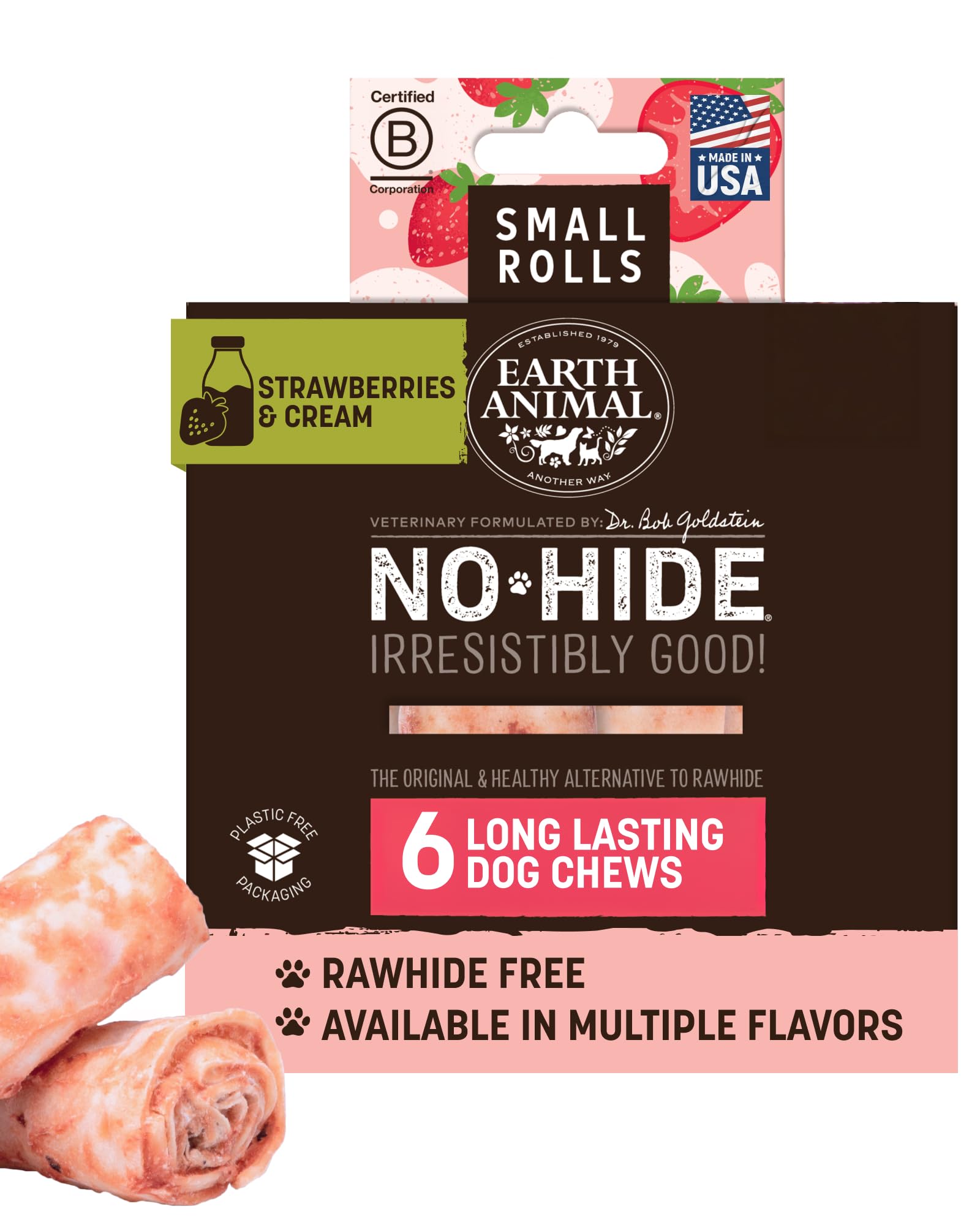 Earth Animal No-Hide Rolls Strawberries & Cream Vegetarian Recipe Small Natural Rawhide Alternative Dog Chews, 6 Pack Value Pack