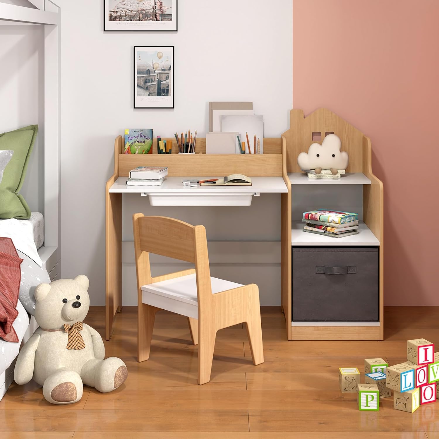 DREAMADE Schreibtisch Kinder mit Stuhl, Kinderschreibtisch mit 2 offenen Fächern & 2 offenen Regale & Schubladen, Schülerschreibtisch für Kinder ab 3 Jahren (Natur)
