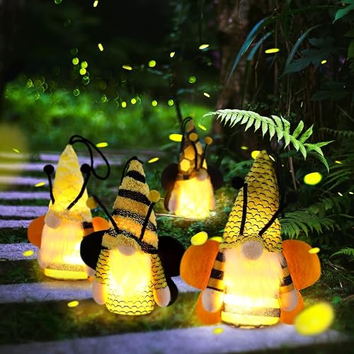 Bencailor 4 piezas de gnomo de abeja iluminado, muñeco de abeja brillante, lindo adorno colgante de gnomo brillante, sin rostro, adornos colgantes