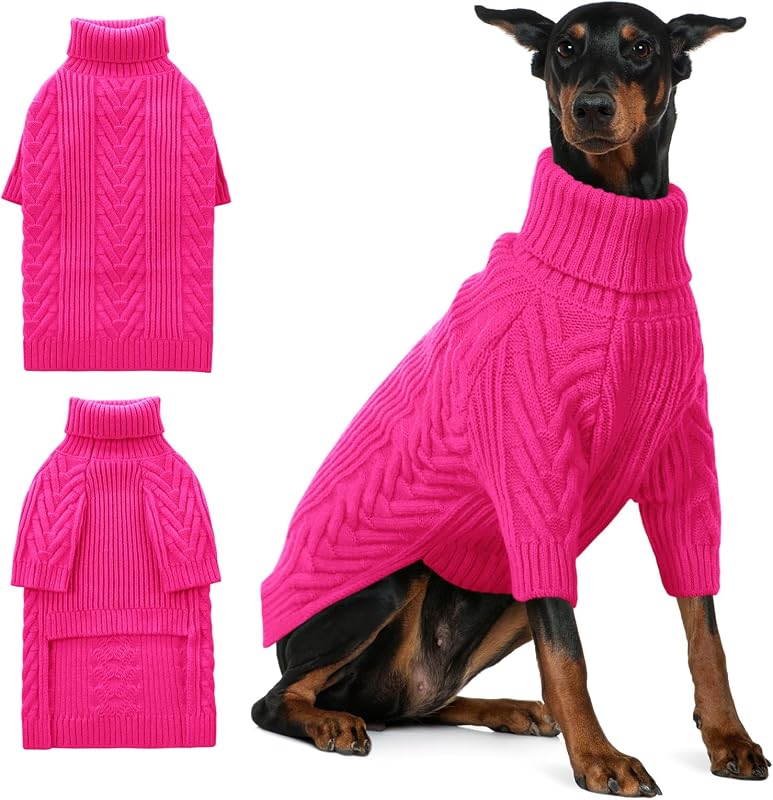 Suéter para Cães Grandes em Veludo Ártico com Gola Alta e Tricô, ASENKU, HotPink 3XL
