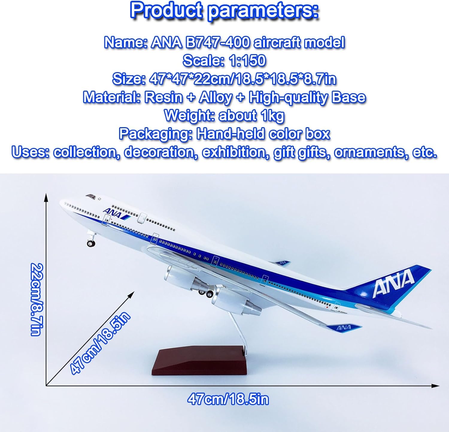 18.5インチ 1:150スケール 飛行機模型 ANA B747-400 航空機 飛行機模型 ジェット機 コレクション用 樹脂製 ホ