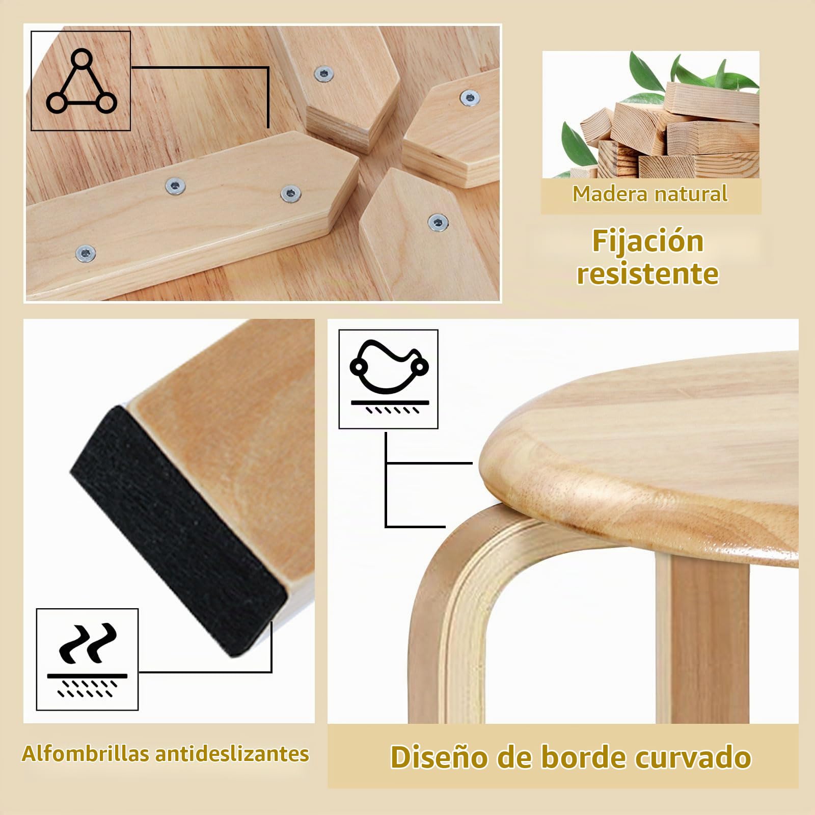 Yawinhe 42cm Taburetes Redondos de Madera,2 Pack Taburete Apilable,Natural | Sillas de Cocina,Taburetes de Bar Silla,Apilable de Madera Antideslizante,Taburete Pequeño para Comedor,Escuela
