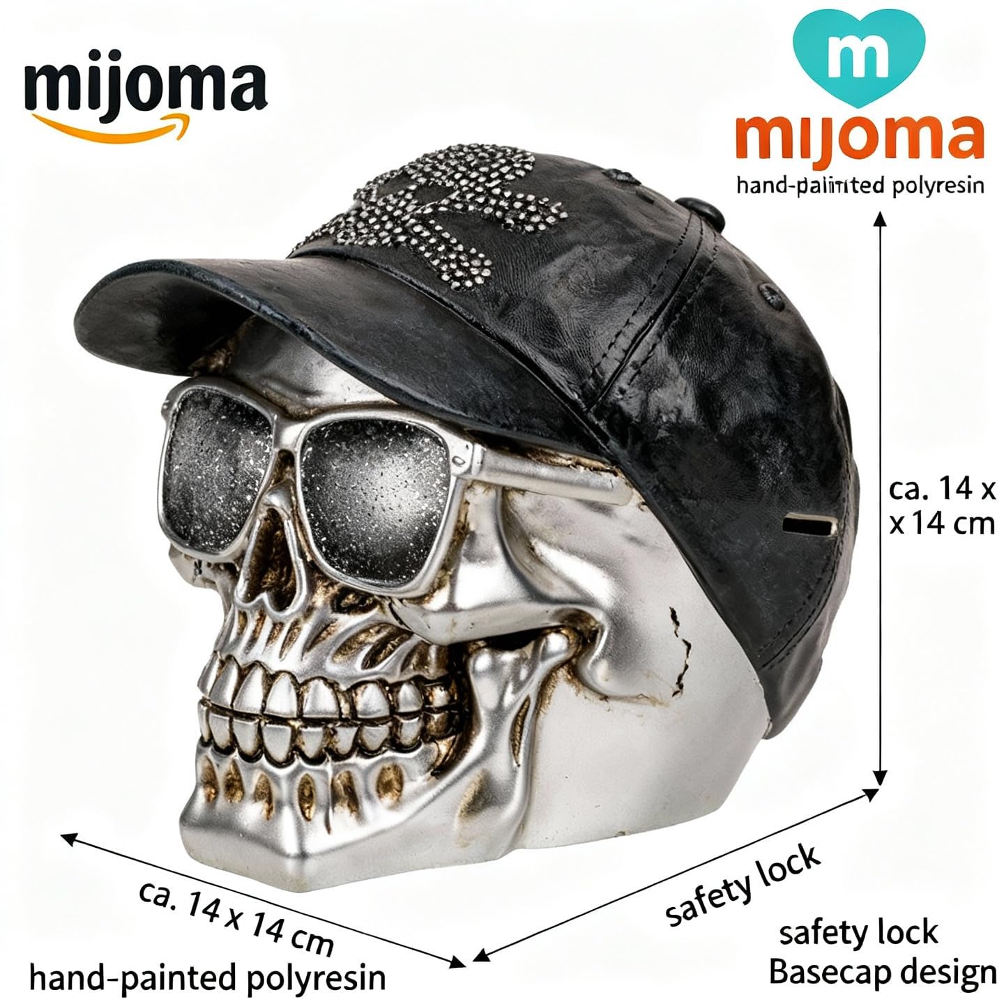 MIJOMA Salvadanaio a forma di teschio – Salvadanaio a forma di teschio dipinto a mano in poliresina con lucchetto di sicurezza – Elegante conservazione per risparmi (con tappo base)