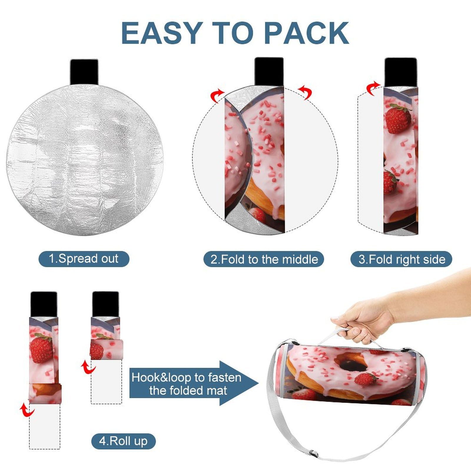 Manta redonda plegable ligera para pícnic, diseño de rosquilla de fresa, impermeable, para exteriores, para primavera, verano, camping, parque, viajes, hierba