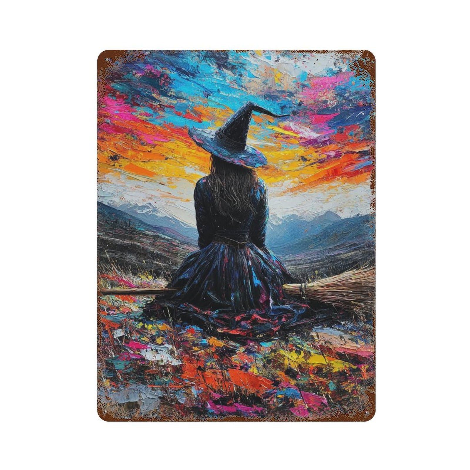 Distressed Metal Wall Sign with Witch on Broomstick Painting Design 15.7"x11.8", for Garage, Bar And Workshop Decor, Vintage Wall Decor