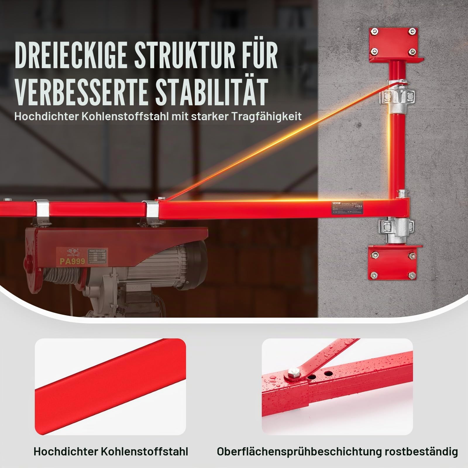 VEVOR Elektrischer Hebezeug-Stützarm 300 kg Tragkraft Hebezeughalter-Schwenkarm mit Stange Hebezeugrahmen aus Stahl, 180° schwenkbarer Gerüsthebezeug-Hebearm Windenhebezeugarm für Werkstatt Garage