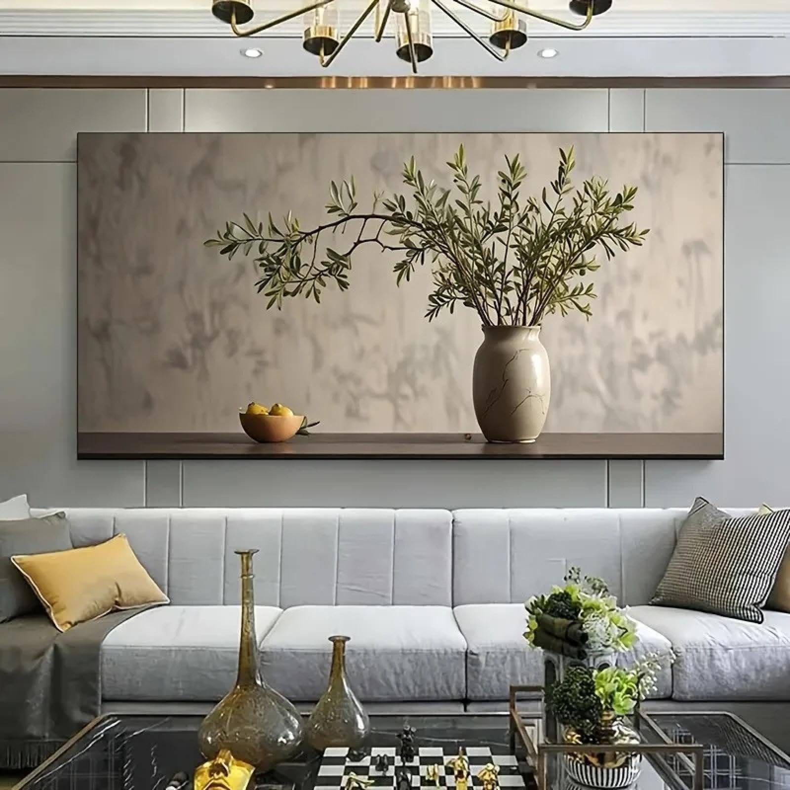 CHAOJIART Grande toile imprimée vintage représentant un vase en branches d'olivier, décoration murale, pour chambre à coucher, salon, maison moderne, 70 x 140 cm, cadre intérieur