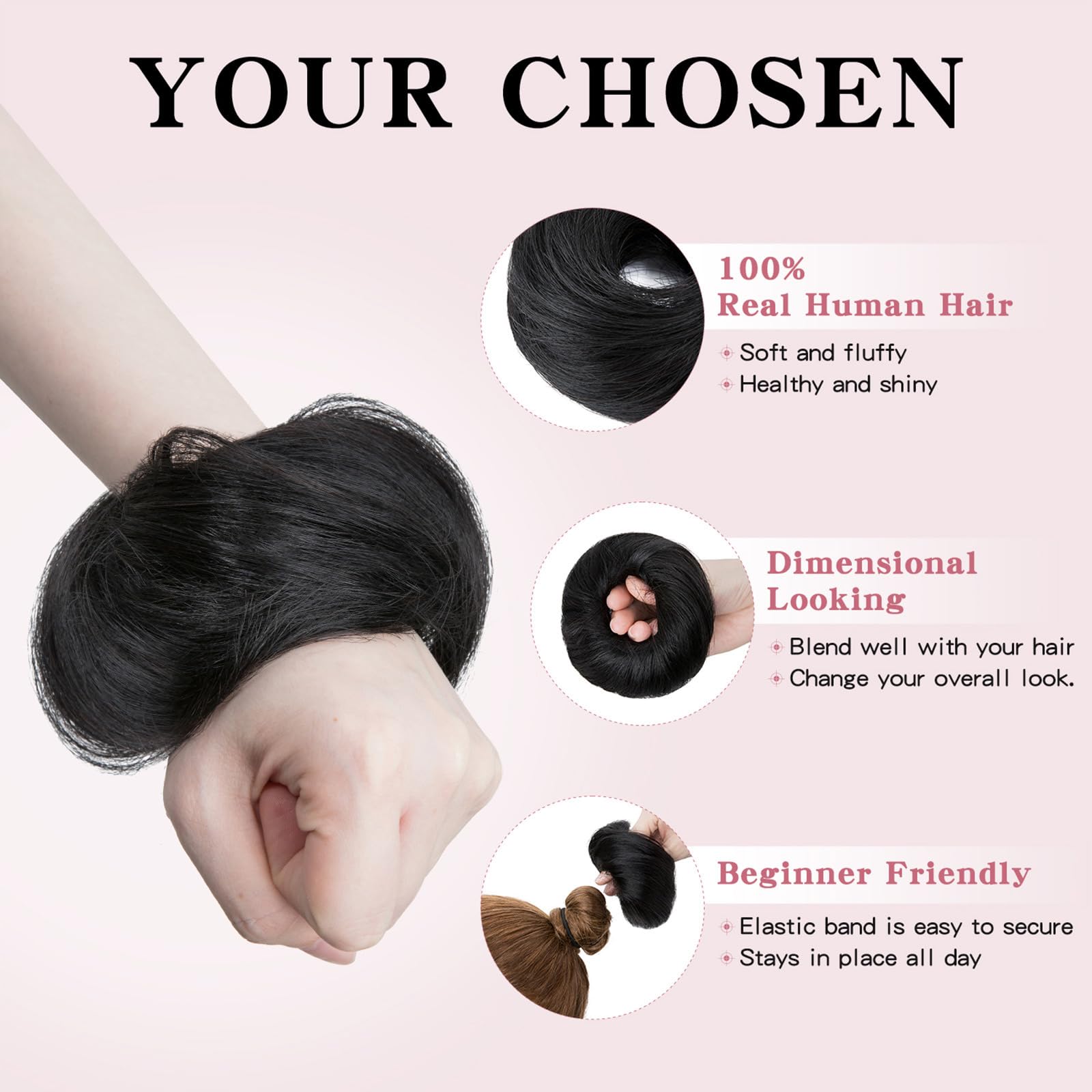 TESS Real Human Hair Bun Elastic Easy Scrunchies Hairpiece Updo Ponytail Extensions Hair Accessories for Women UK #01 Jet Black - Image 2