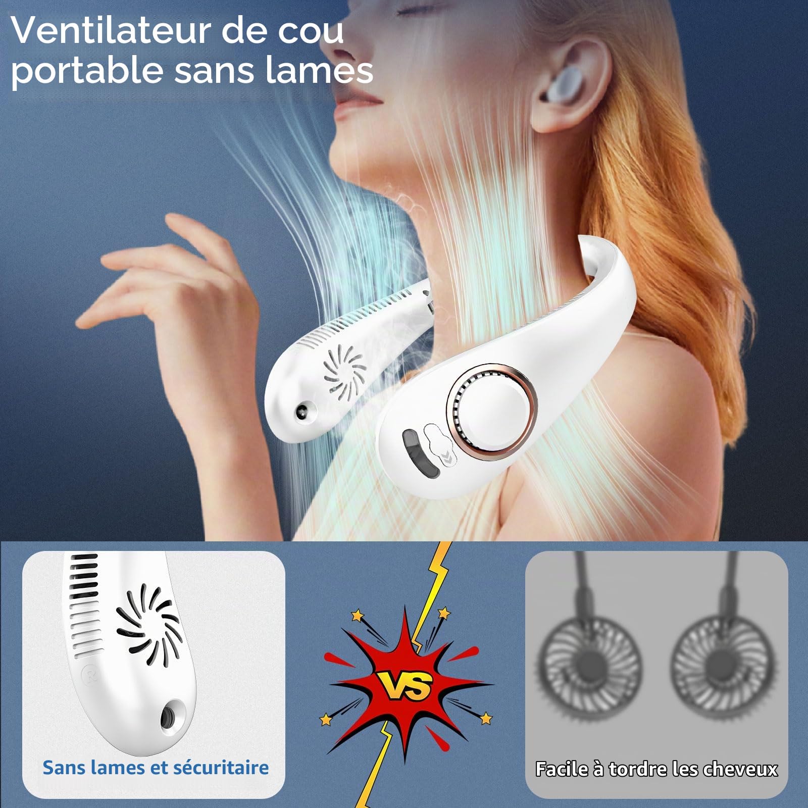 Ventilateur de cou avec brumisateur à spray soufflant de l'air froid, pliable, 4000 mAh, portable, rechargeable par USB, à batterie, avec brumisateur, sans pale, pour voyager