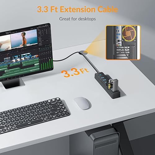 Miniatura 2 de iDsonix Hub USB 3.0 de 7 puertos [3.3 pies] Hub expansor USB de 5 Gbps adaptador multipuerto, concentrador USB largo para PC, portátil, unidad
