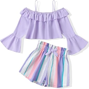 YOURUIKEY Girls Summer Clothes 2 Piece Cute Outfits Kids Boho Floral Print Long Sleeve Crop Top Shorts Clothing Set