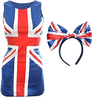 Vestido de mujer con diseño de la bandera del Reino Unido y lazo en una diadema, vestido azul con diseño de bandera de Reino Unido y lazo de la bandera del Reino Unido en una diadema, disfraz de