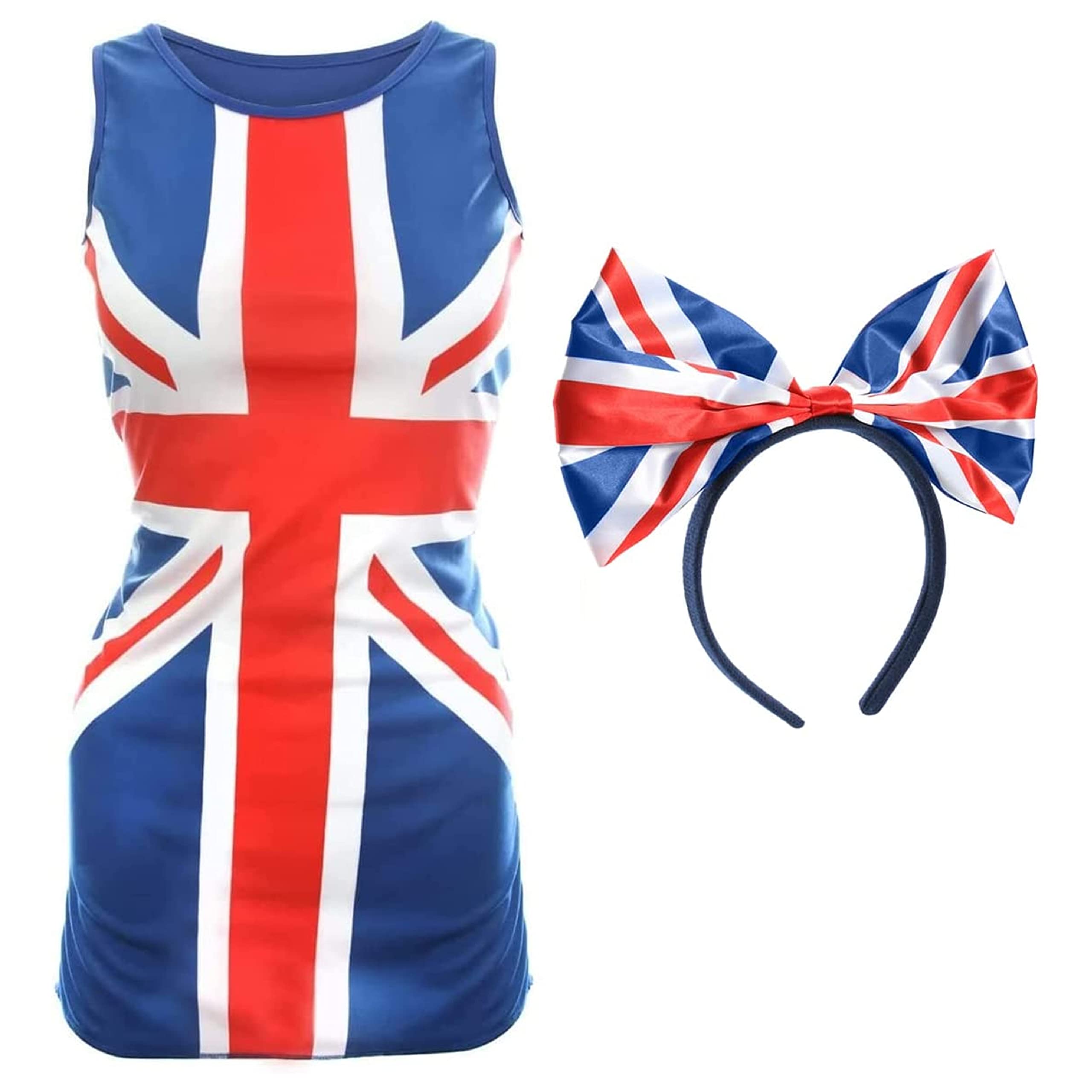 VE Day Ladies Union Jack Dress and Bow Headband - XLarge - Blue Dress with Union Jack Flag Design and Union Jack Bow on a Headband - King's Coronation Street Party Fancy Dress Costume