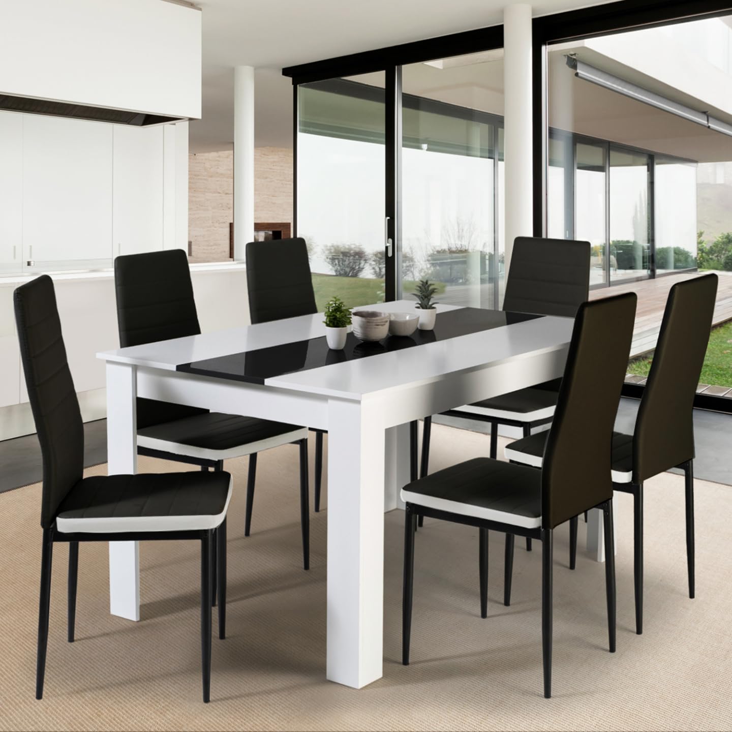 IDMarket - Ensemble Table à Manger Georgia 140 cm Blanche et Noire et 6 chaises Romane Noires liseré Blanc