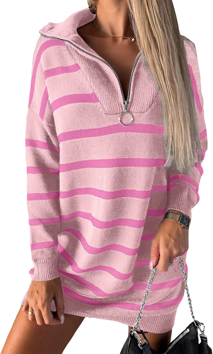 Zaswen Women's Spring Fall Striped Oversized Sweater Dresses Casual 1/4 Zip Long Sleeve Ribbed Trim Knit Pullover Mini Dress