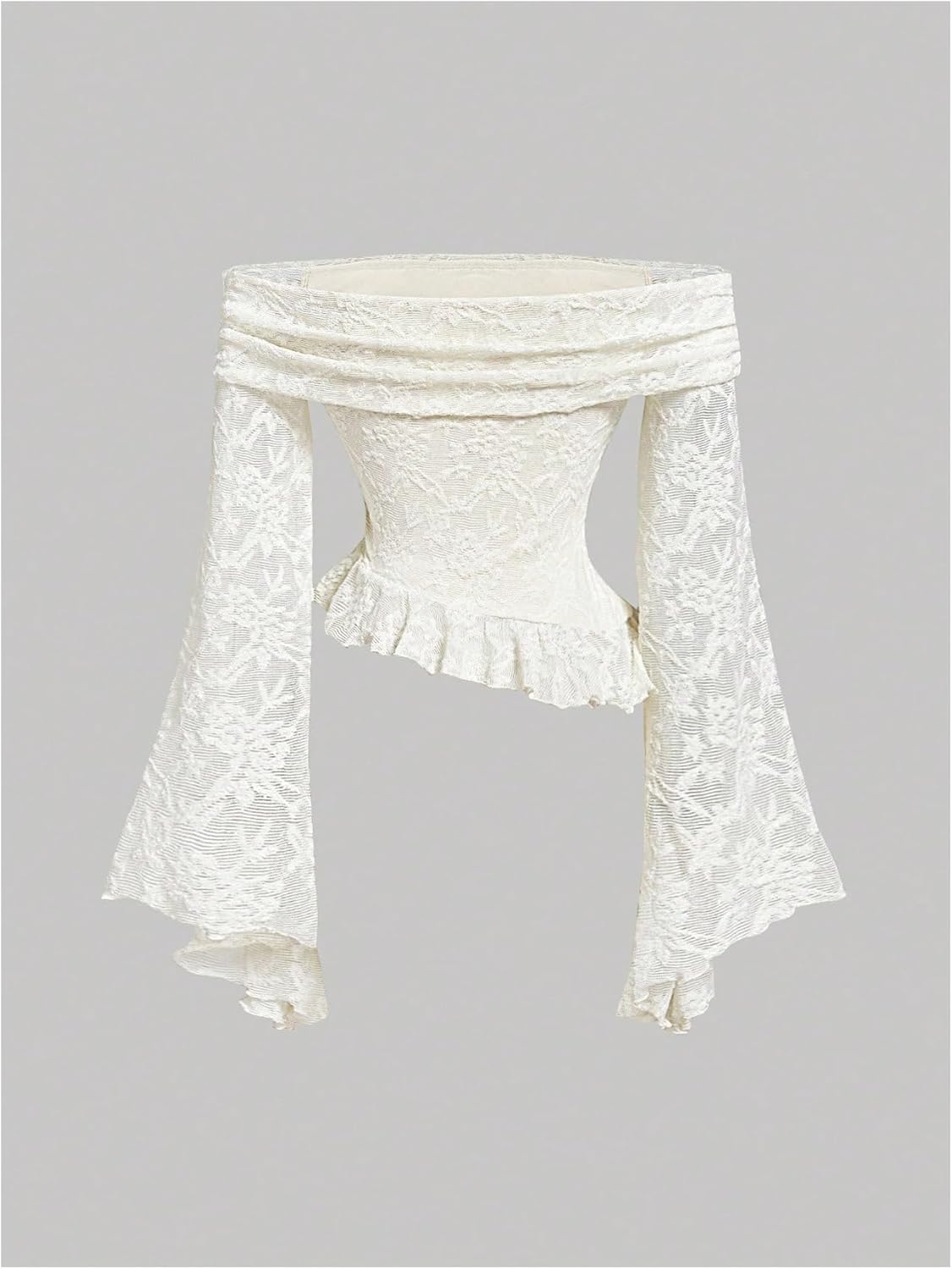 SweatyRocks Women's Plus Size Off Shoulder Lace Tops Mesh Long Bell Sleeve Ruffled Fitted Asymmetrical Tee Shirts - Image 2