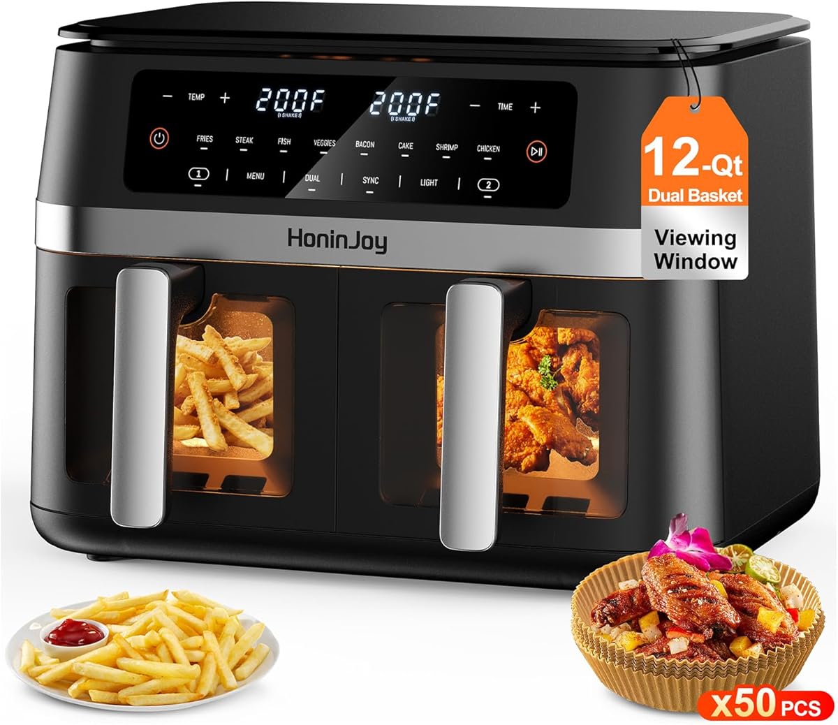 12QT Large Dual Basket Air Fryer with Viewing Window and 50pcs Paper Liners, 10-in-1 Digital Touchscreen Double Zone Air Fryers, SyncCook to Bake,Roast,Reheat,Broil, Nonstick Dishwasher Safe
