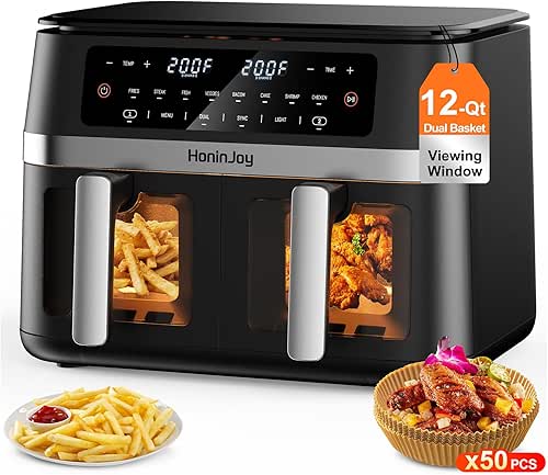12QT Large Dual Basket Air Fryer with Viewing Window and
