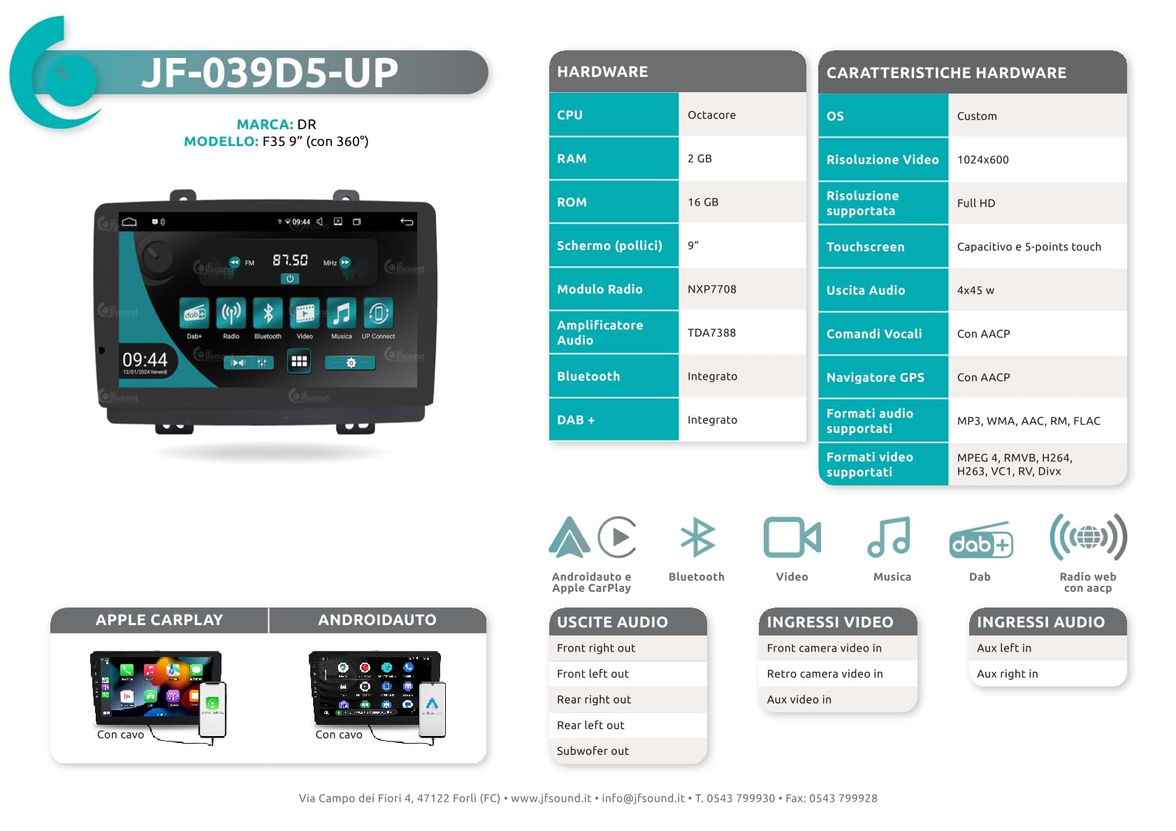 JF Sound - Autoradio Android JF-039D5-UP compatibile con DR F35 2020-2023 | CarPlay e Android Auto DAB+ |9 pollici HD | Prodotto in Italia