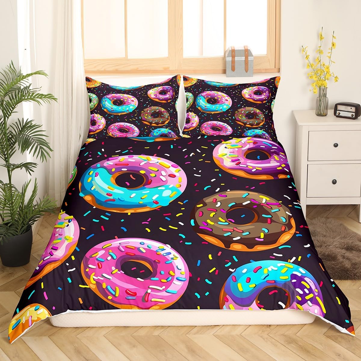 Feelyou Donuts Comforter Cover Set Chocolate Doughnut Bedding Set for Boys Girls Children Colorful Cartoon Whimsical Dessert Bedding Duvet Cover Set Room Decor Twin Size Bedspread Cover 2Pcs