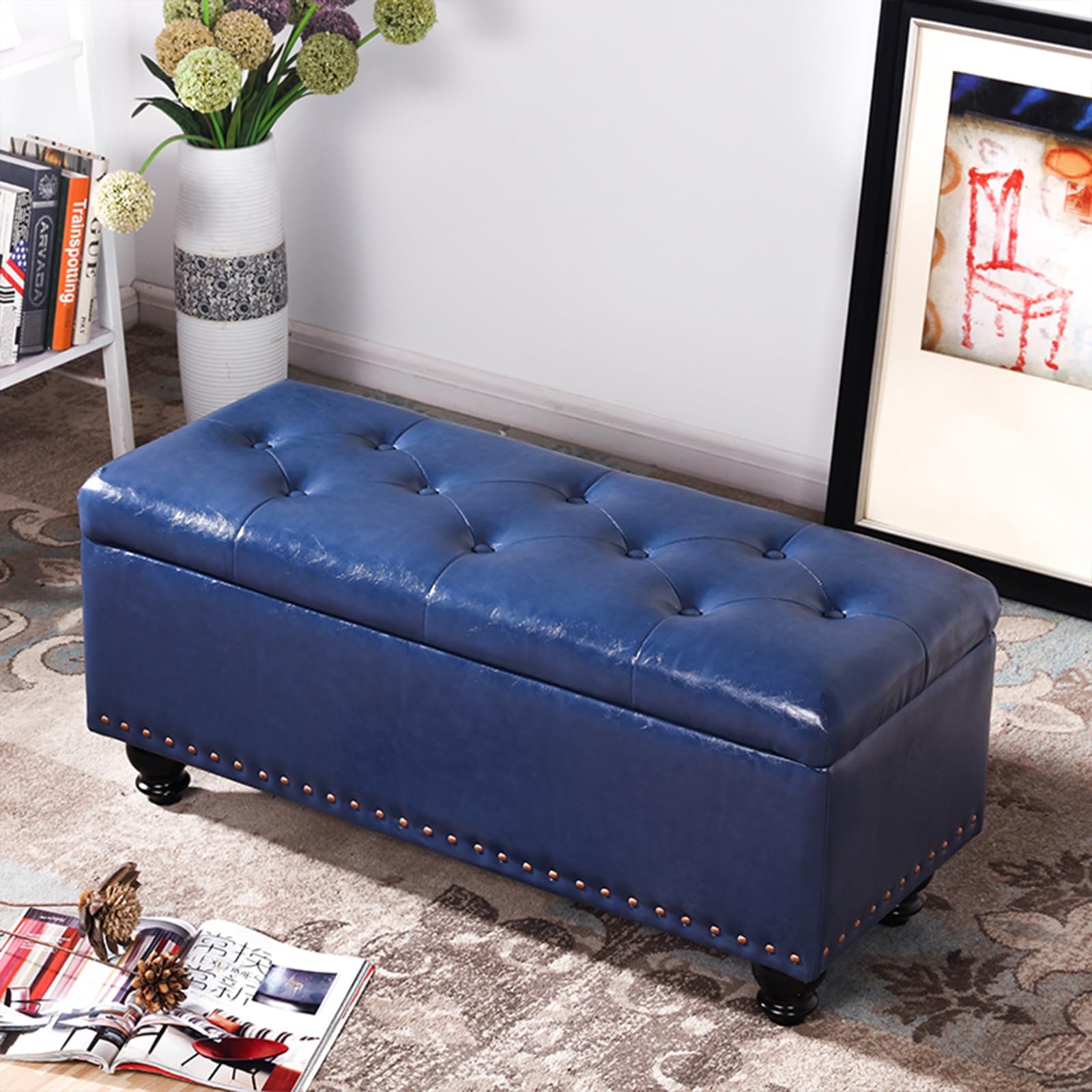 Banc de rangement à chaussures luxueux en cuir PU bleu foncé et assise confort