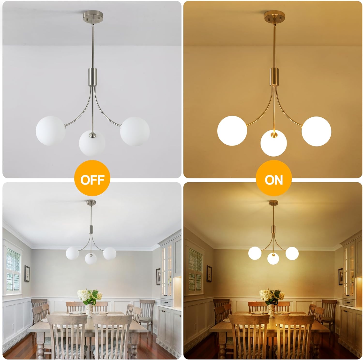 3-Light Brushed Nickel Chandelier Milk Globe Glass Pendant Lights Kitchen Island, Modern Sputnik Globe Chandeliers for Dining Room Entryway Hallway Foyer Bedroom Office Bathroom