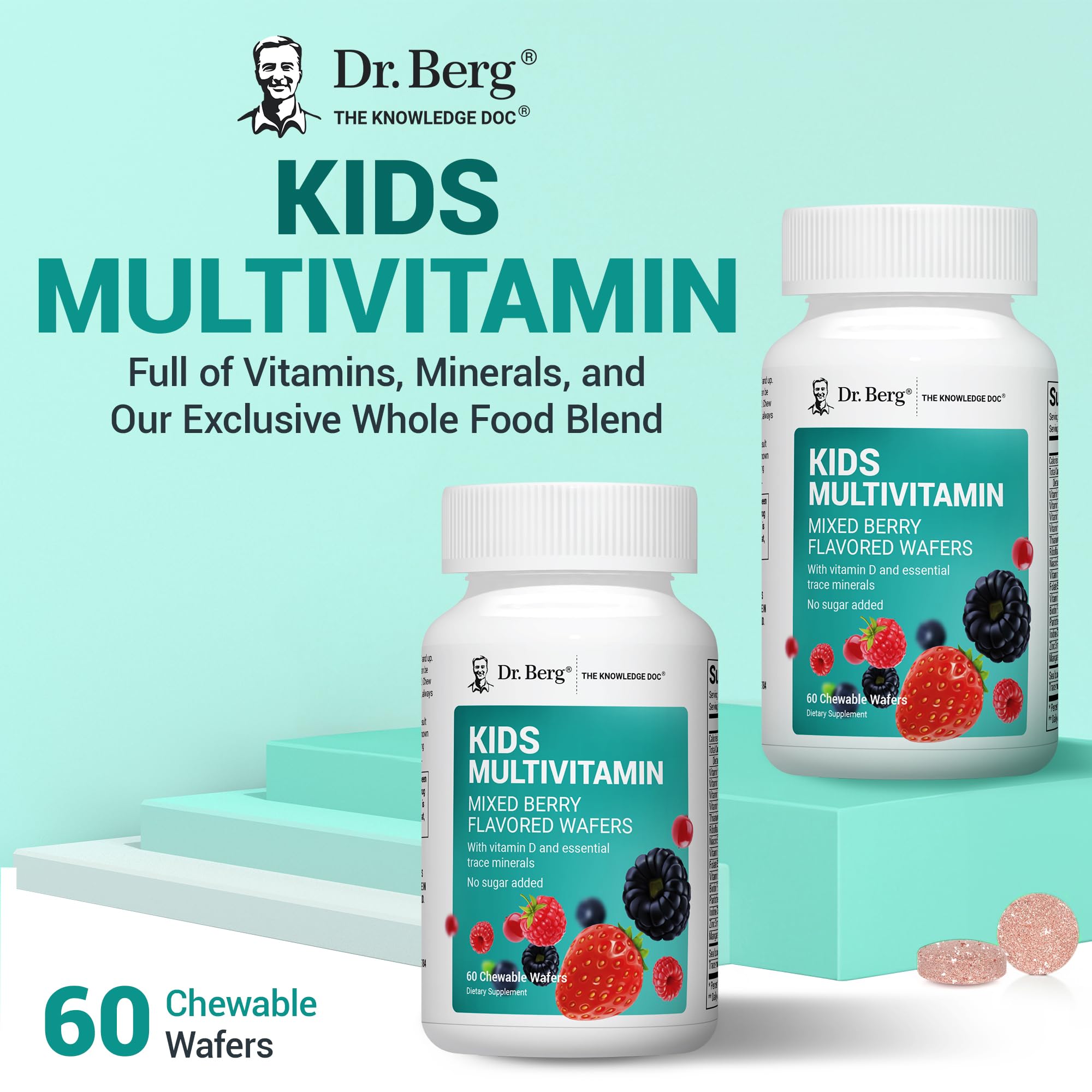 Dr. Berg Kids Chewable Multivitamins (NOT Sweetened w/Sugar) - Daily Multivitamin for Kids that Includes 20 Nutrients & Trace Mineral Complex - Mixed Berry Chewable Vitamins for Kid - Red Wafers — Amazon image 3