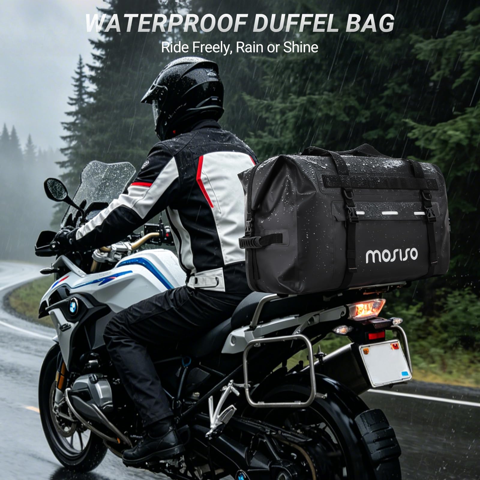 MOSISO Sac Moto Imperméable 60L, Grand Sac Coffre Arrière avec Bandoulières, Poches Zippées, 4 Sangles à Dégagement Rapide pour Moto Voyage Camping, Fermeture Enroulée, Noir