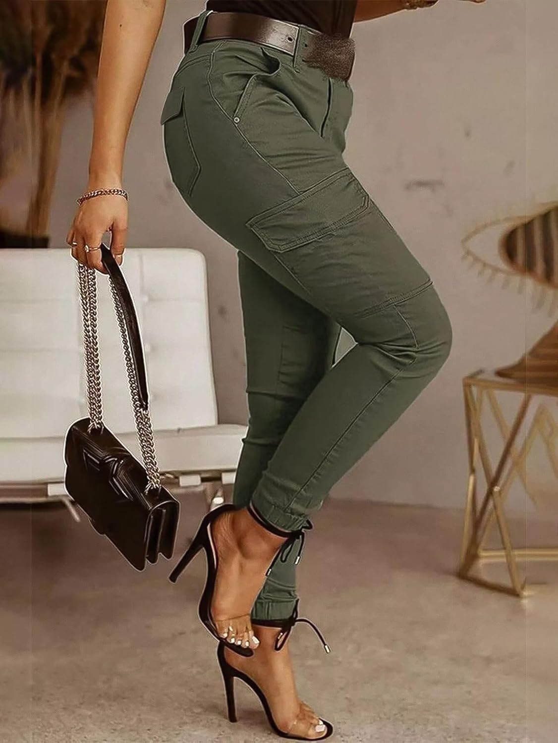 Flamingals Skinny Cargo Pants for Women Mid Waist Casual Slim Fit Multi-Pocket Cargo Jogger Hiking Pants with 6 Pockets - Image 2