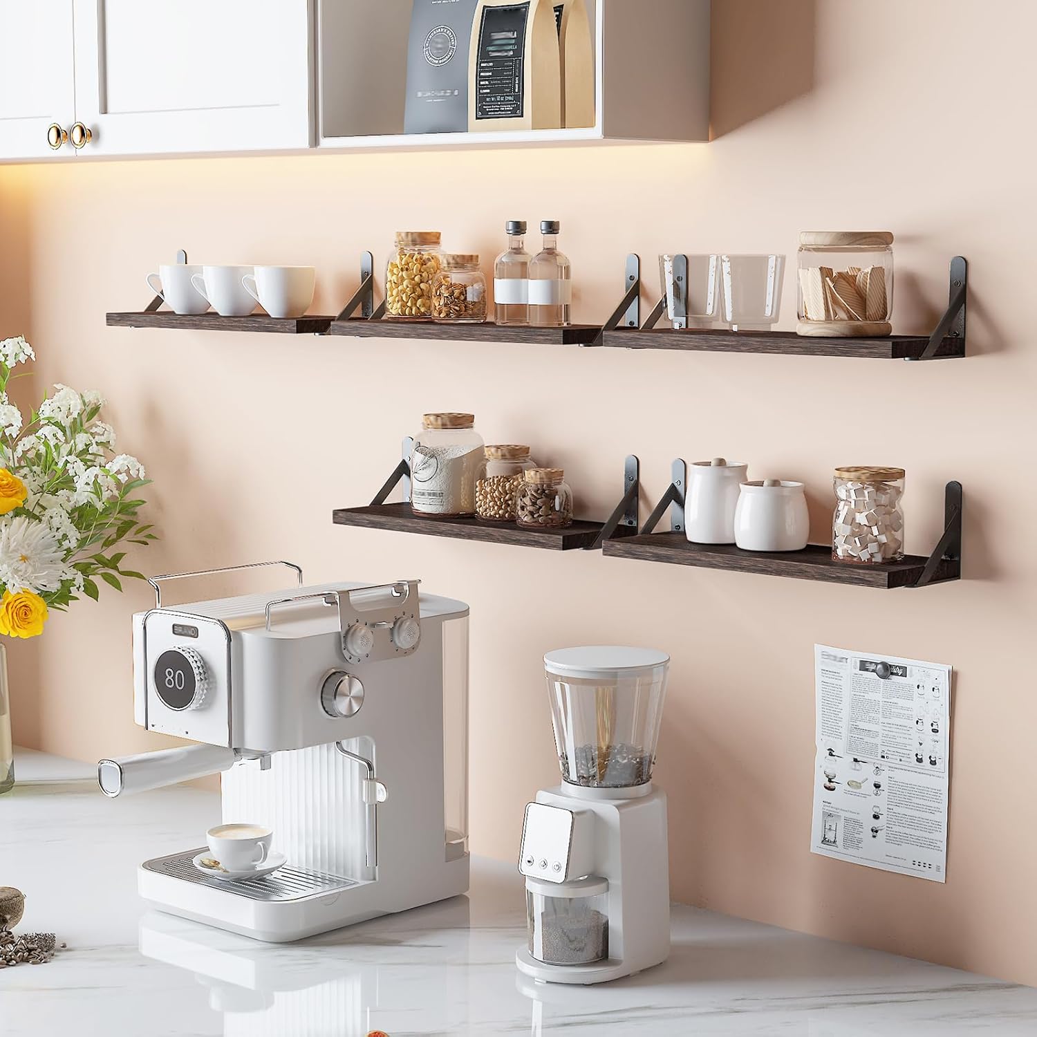 YGEOMER Brown Floating Shelves for Wall, 16.5 Inch Farmhouse Wall Shelves for Bedroom, Bathroom Storage, Living Room and Kitchen Decor (Set of 6 Brown)