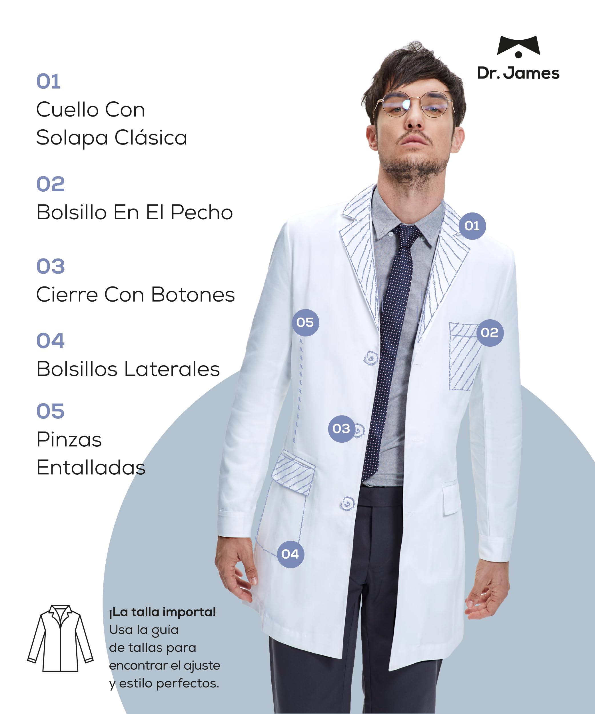 Dr. James Bata de laboratorio Premium Estilo de Consulta para Hombres, con múltiples bolsillos, ajuste entallado, cierre de botones (S)