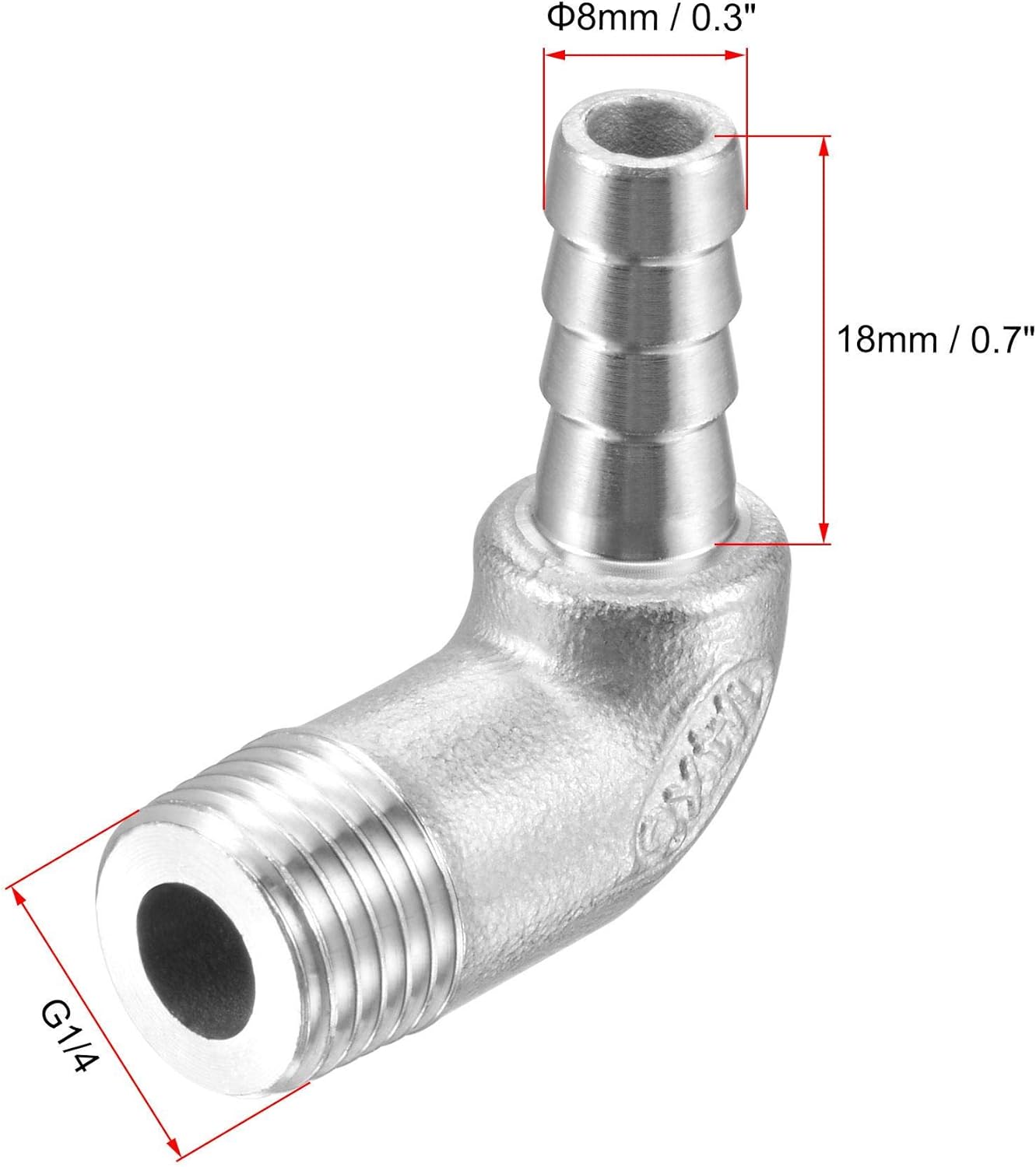 sourcing map 304 Stainless Steel Hose Barb Fitting Elbow, 8mm Barbed x G1/4 Male Pipe Connector Adapter for Water Fuel Air Pack of 2 - Image 3