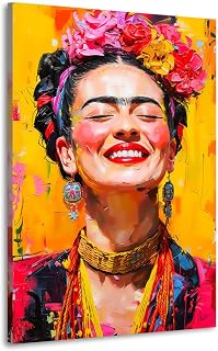 Kunstgestalten24 | Frida Kahlo Lacht Abstrakt Modern Leinwand-Bild | mit Echtholz-Keilrahmen | Leinwandbild Wandbild Kunst Art Gemälde | Hochwertige Kunstdrucke | 80x120cm, 4cm Rahmentiefe