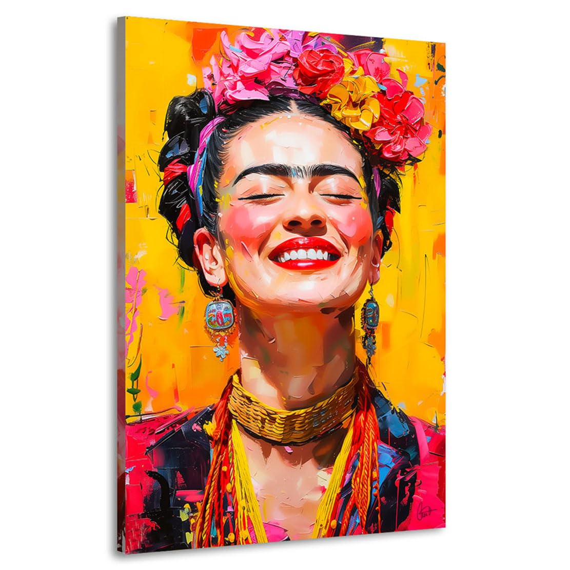 Kunstgestalten24 Frida Kahlo Lacht nowoczesny obraz na płótnie z ramą z prawdziwego drewna, 60 x 90 cm, głębokość ramy 4 cm