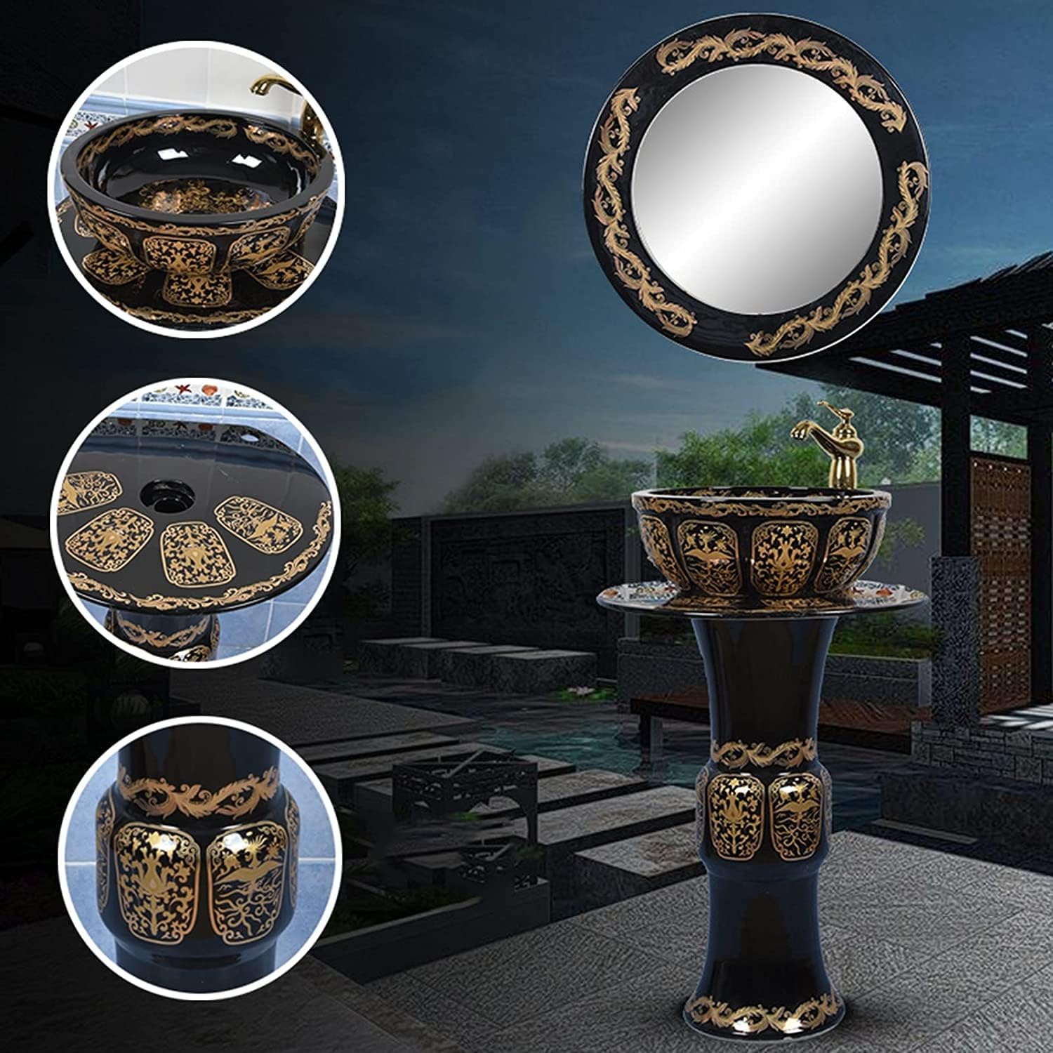 Freestanding Bathroom Pedestal Sink - Hotel Art Oval Bathroom Basin Sink, Pedestal Bathroom Sink Ceramic Basin Sink and Pedestal Lavatory Sink for Indoor and Outdoor, XRKJBZ32024320