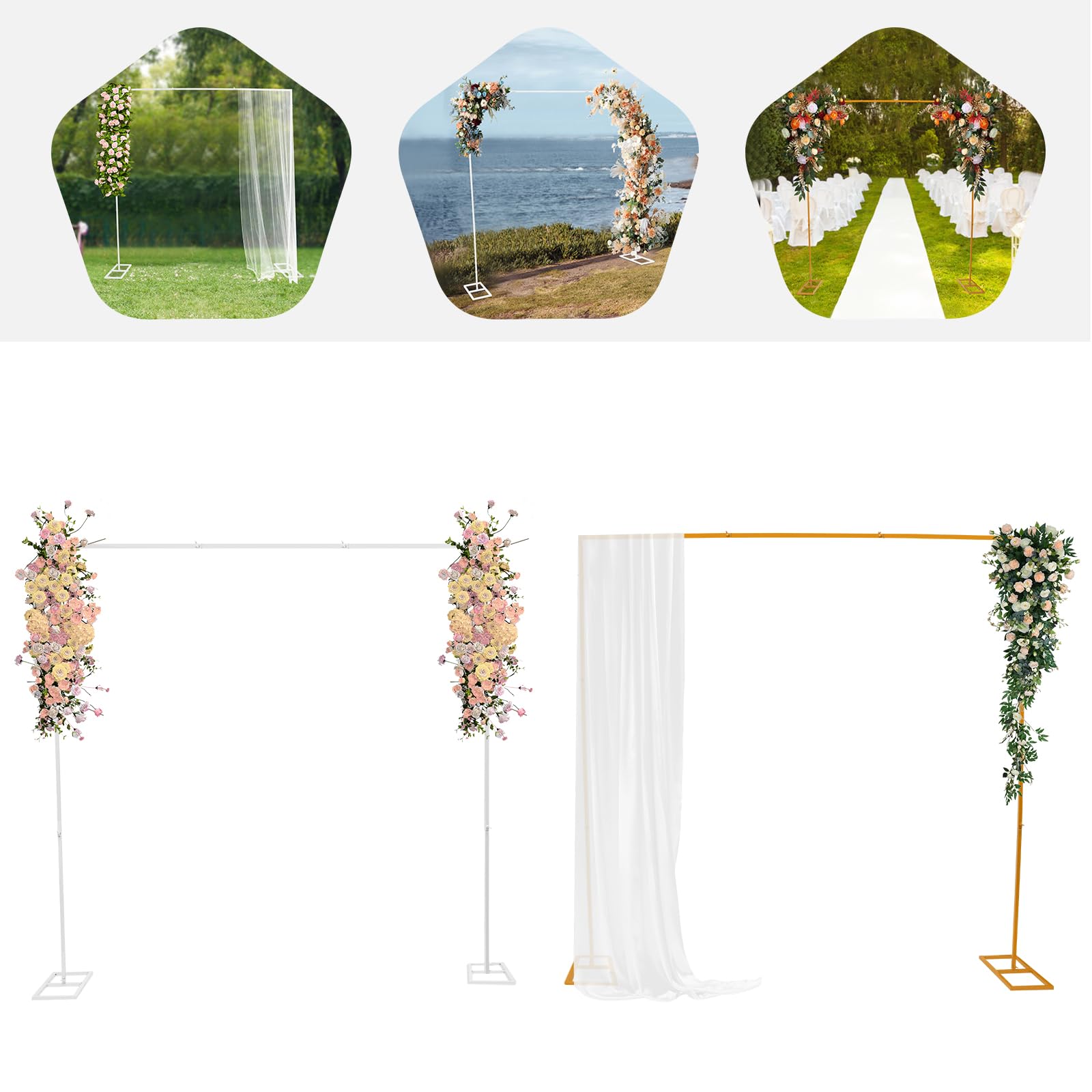 2,4 x 2,4 m, arco de boda, de metal, rectangular, para bodas, fondo, soporte para globos, soporte para boda, color blanco