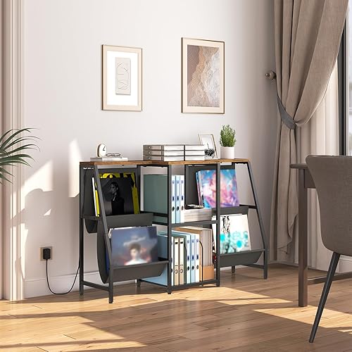Miniatura 6 de HOOBRO Mesa de soporte para tocadiscos con luz LED, almacenamiento de discos de vinilo para 280 álbumes, estante multimedia, gabinete estéreo de
